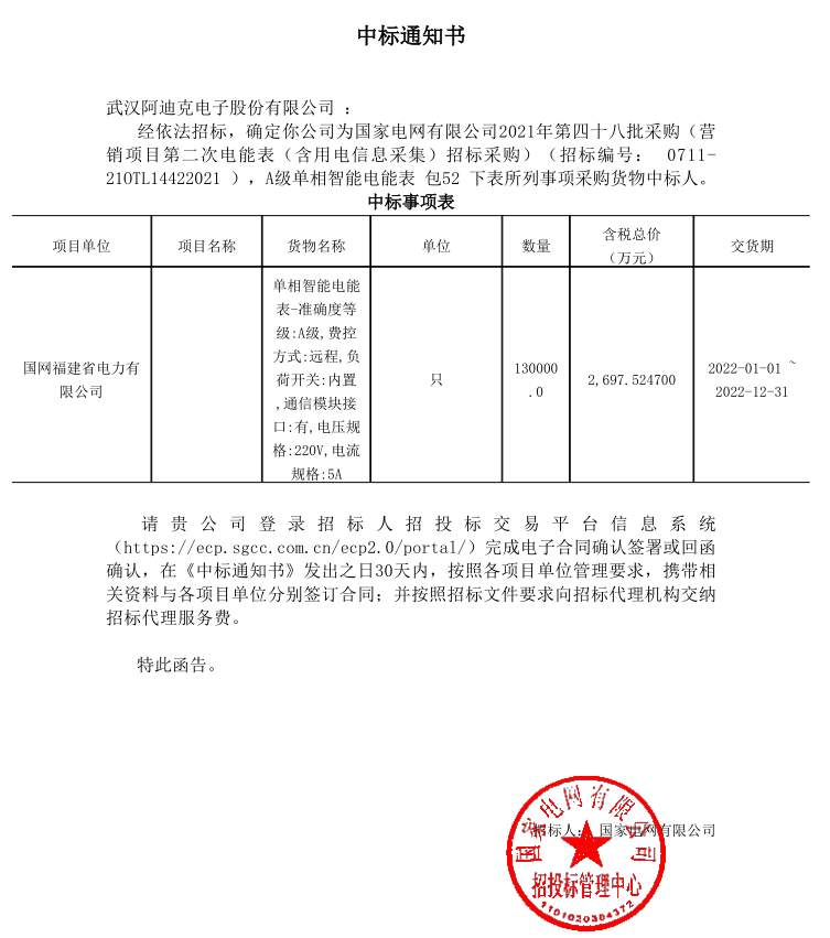 國網2021年第四十八批電能表招標項目中中標